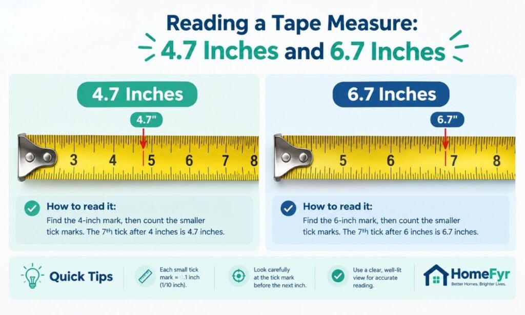 Reading a Tape Measure 4.7 Inches and 6.7 Inches